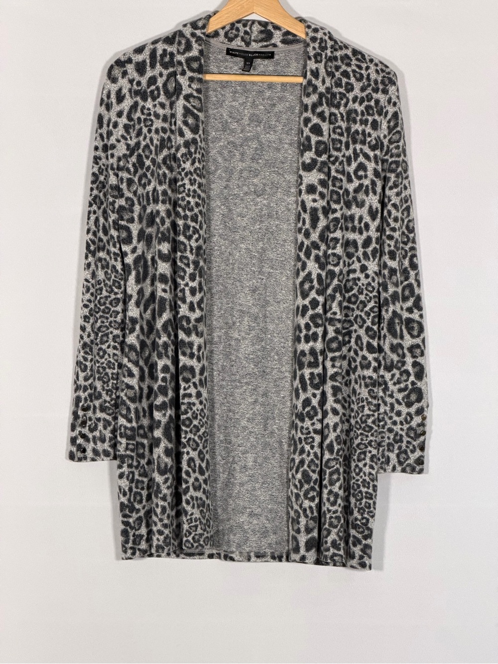 WHBM Leopard Print Open Front Cardigan XS Gray Black Animal Print Sweater